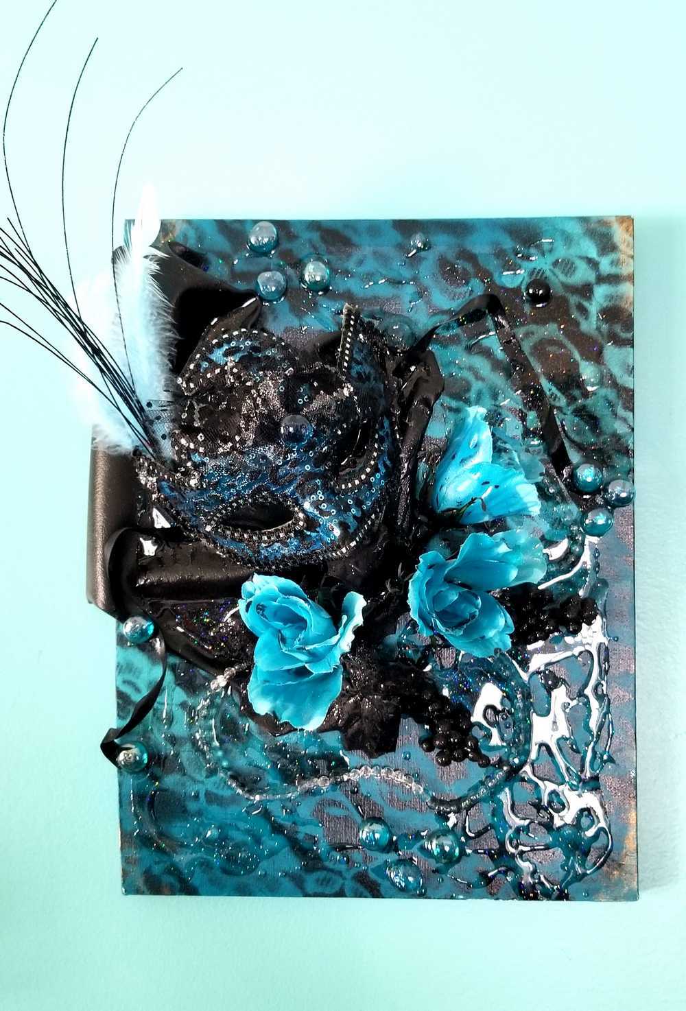 3D Canvas Art with Sexy Teal Blue Mask and Teal Blue Roses, 30 x 40 x 15 cm