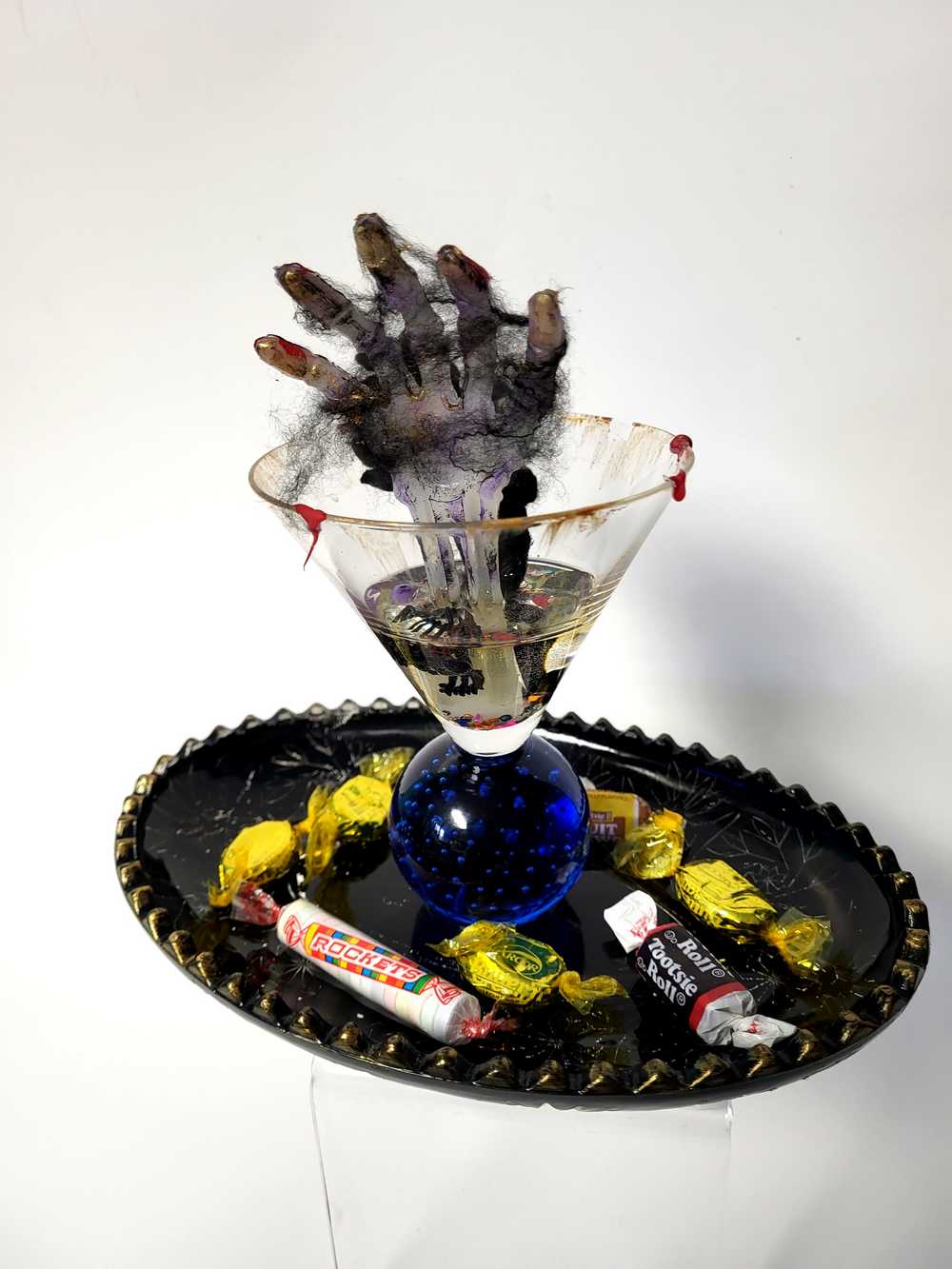 Creepy, Ghostly, Candy Dish, with Skeleton Hand in Resin, Blue Glass