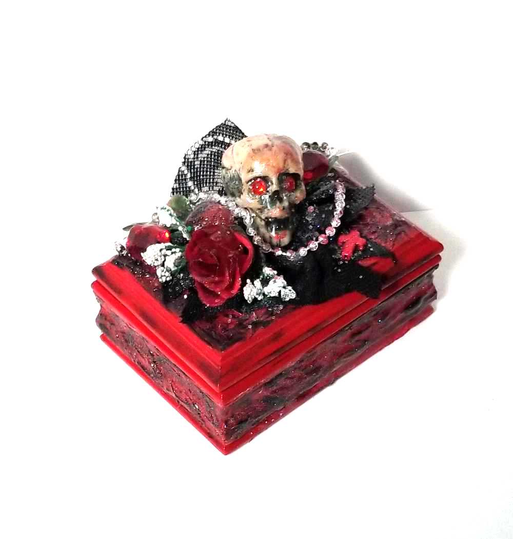 Small Red and Black Jewelry Box with a Skull and a Red Rose