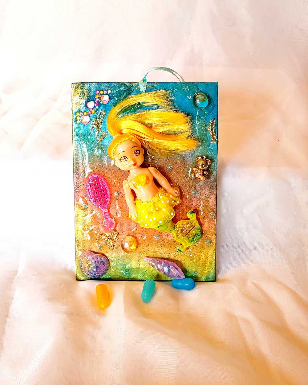 18L x 13W cm Canvas with Blond Mermaid Doll, Wall Hanger for Child's Room