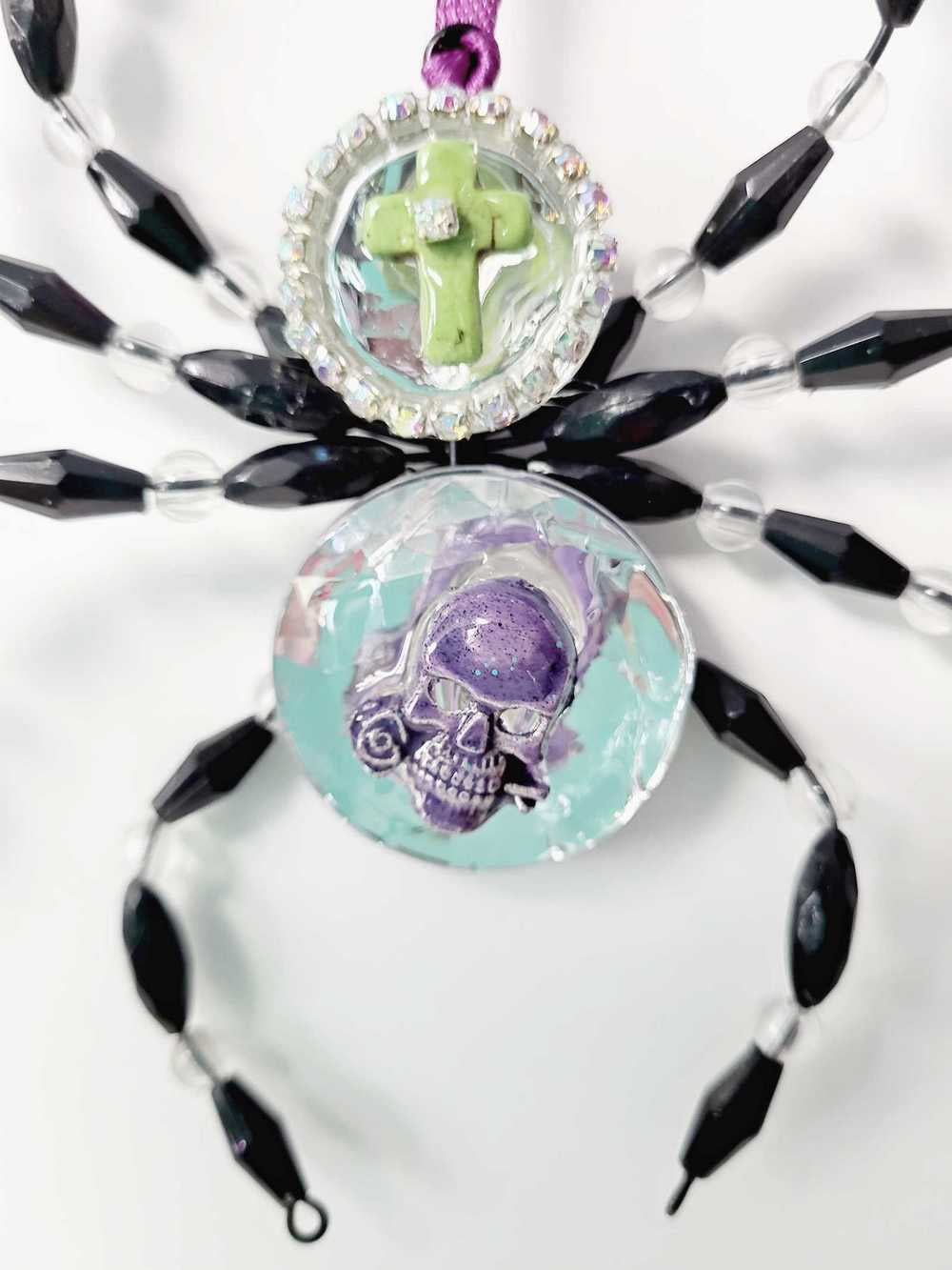 Black and Clear Beaded Spider with Skull Head and Cross Ornament