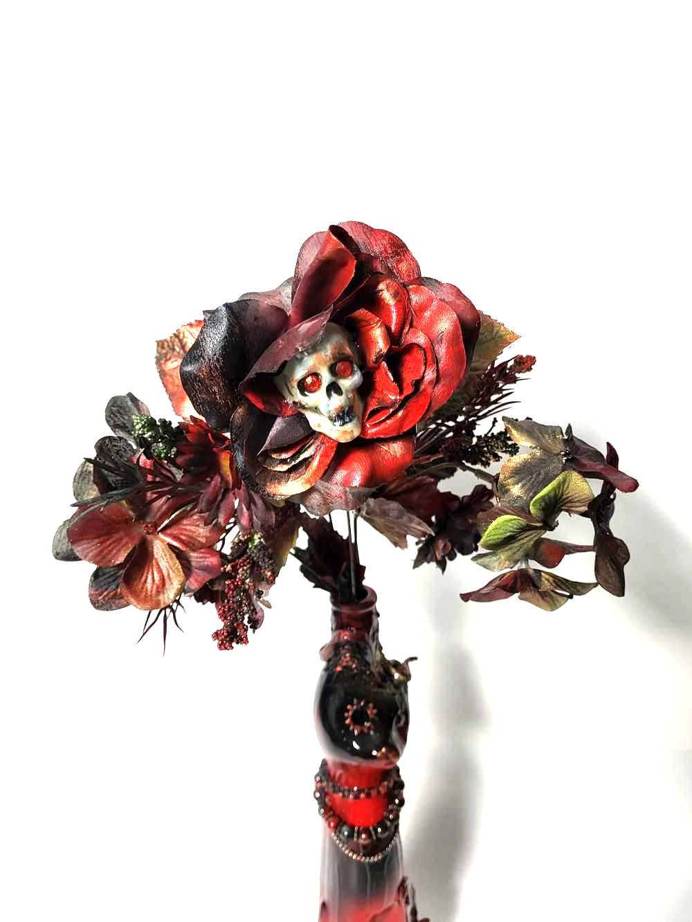 Glass Cat Vase, Red and Black Flowers with Skull and Snake