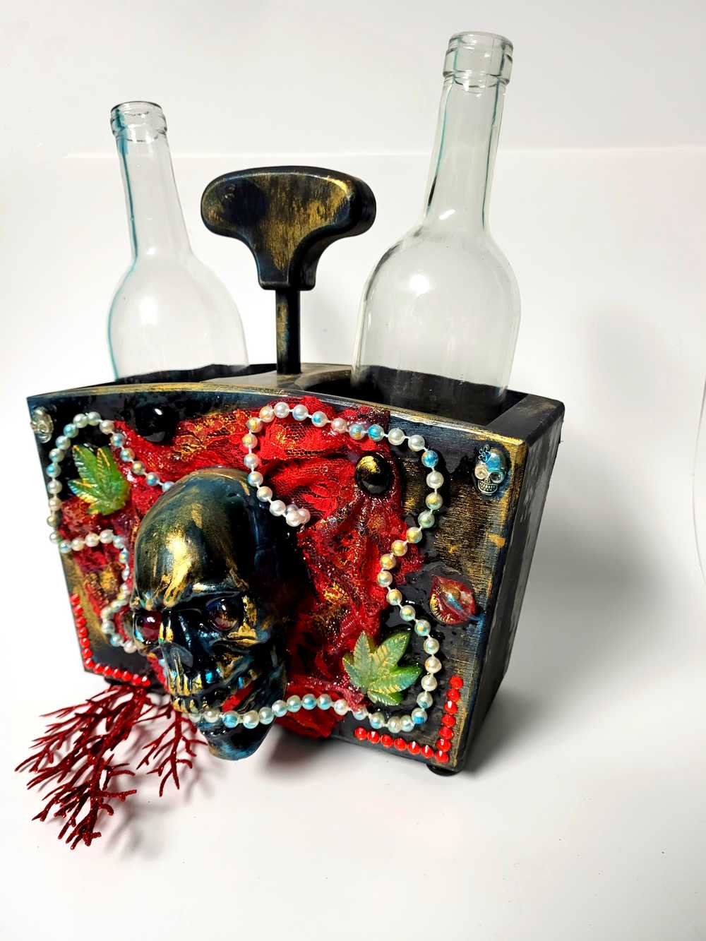 Double Wooden Wine Box, Carrier, Holds 2-750ml Bottles, With Skull and Red Lace