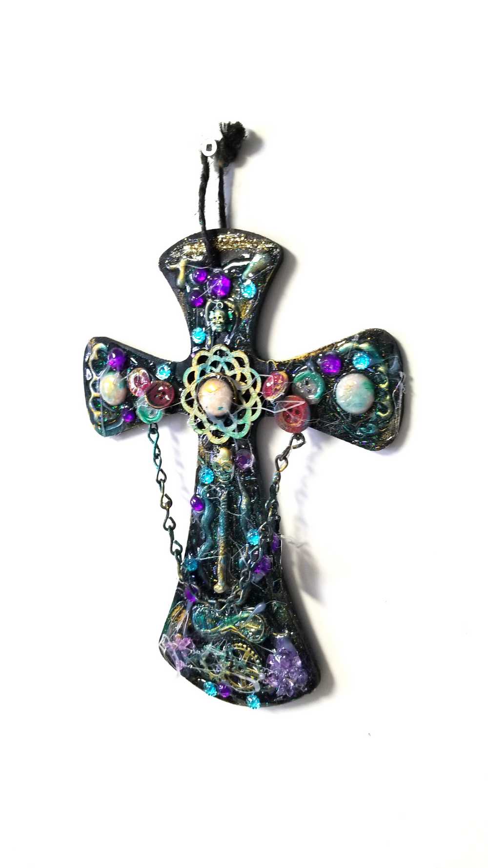 Wooden Cross with Chains, Buttons, Rhinestones, Gears and Skulls