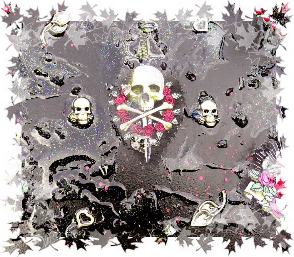 Black Goth Wall Plaque with a Skull with a Sword, Glass and Pink Butterflies