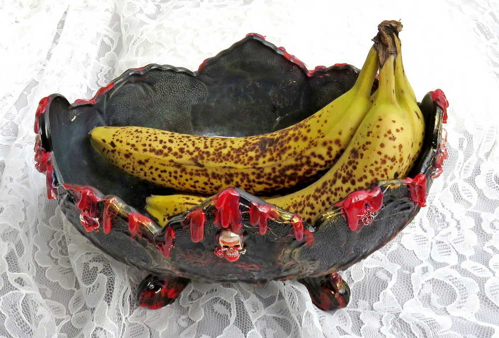 Altered Black Glass Bowl with Pedestal Feet and Scalloped Edge