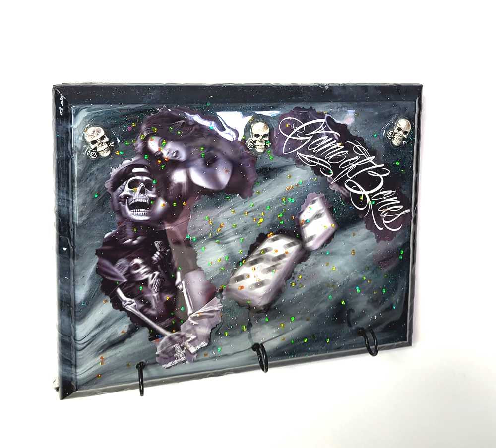 Sexy Girl With Cool Skull, Playing Dominoes on a Wall Plaque, Game of Bones, Goth Punk Decor