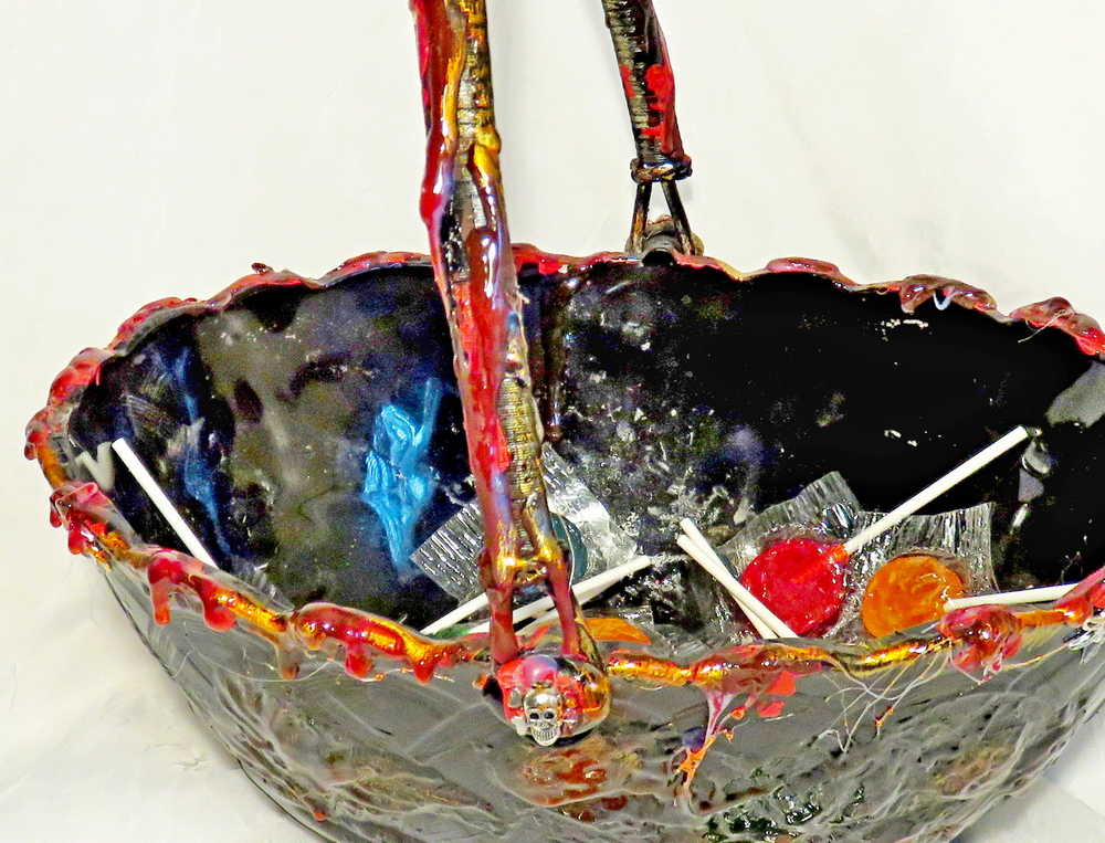 Goth, Altered Vintage Glass Fruit Bowl With Handle and Skull Charms