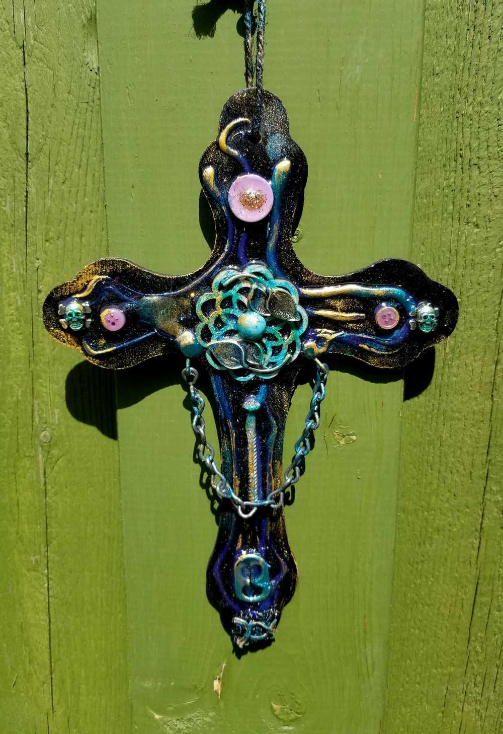 Altered Goth Wooden Cross with Skulls, Chains and Pink Buttons