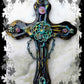 Altered Goth Wooden Cross with Skulls, Chains and Pink Buttons