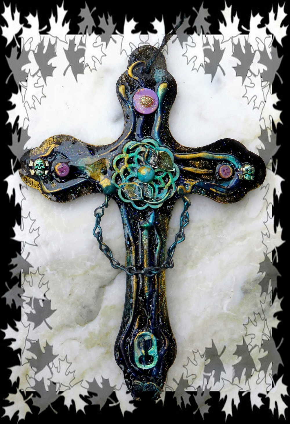 Altered Goth Wooden Cross with Skulls, Chains and Pink Buttons