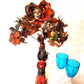 Glass Cat Vase, Red and Black Flowers with Skull and Snake