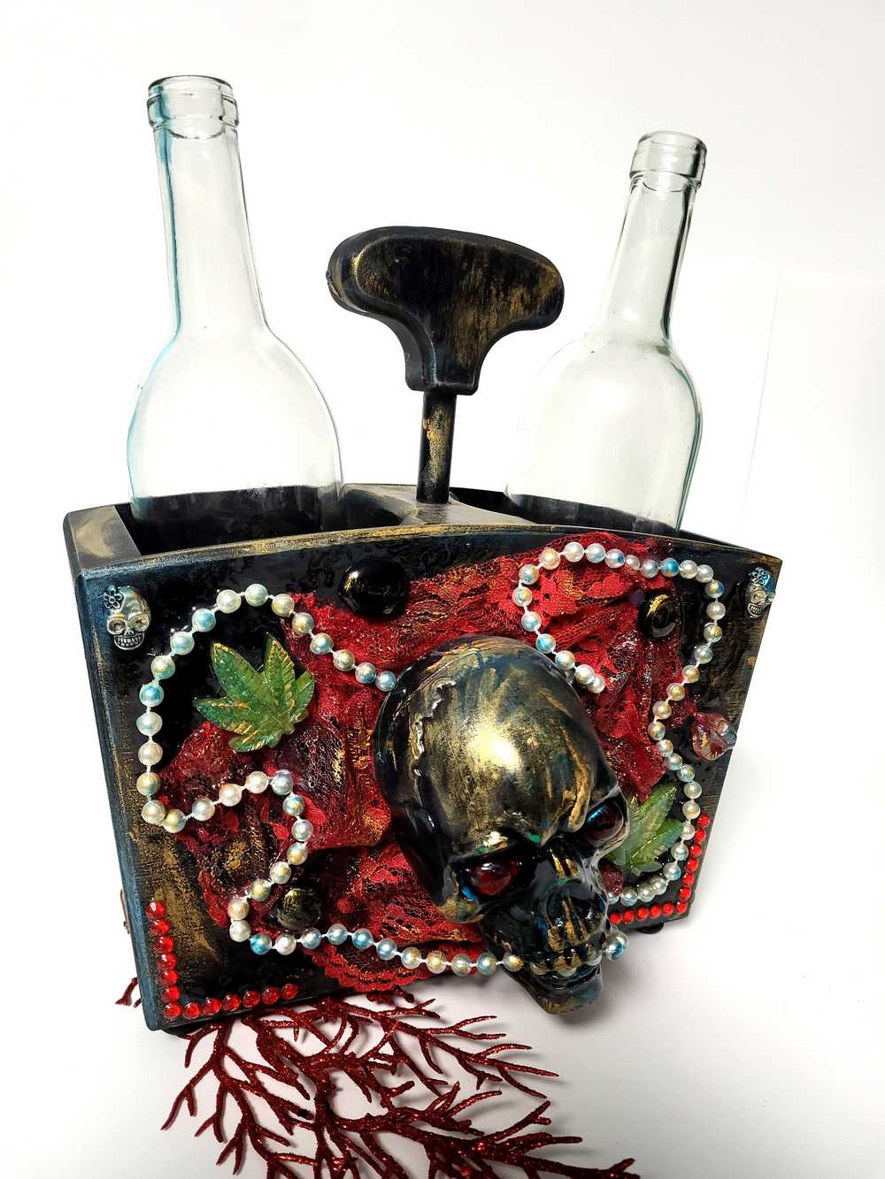 Double Wooden Wine Box, Carrier, Holds 2-750ml Bottles, With Skull and Red Lace