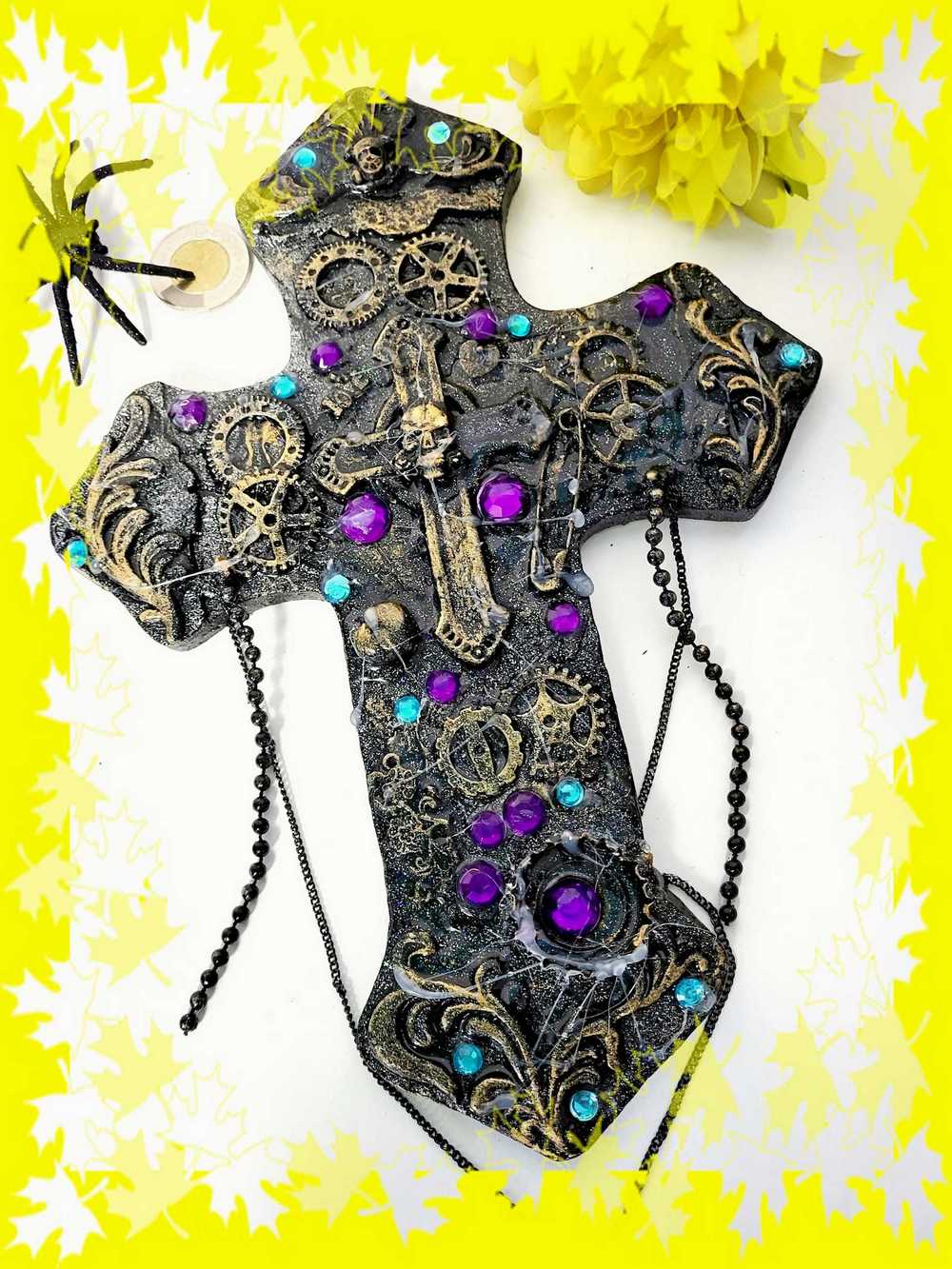 Altered Cross Made of Plaster with Skulls, Gears and Chains