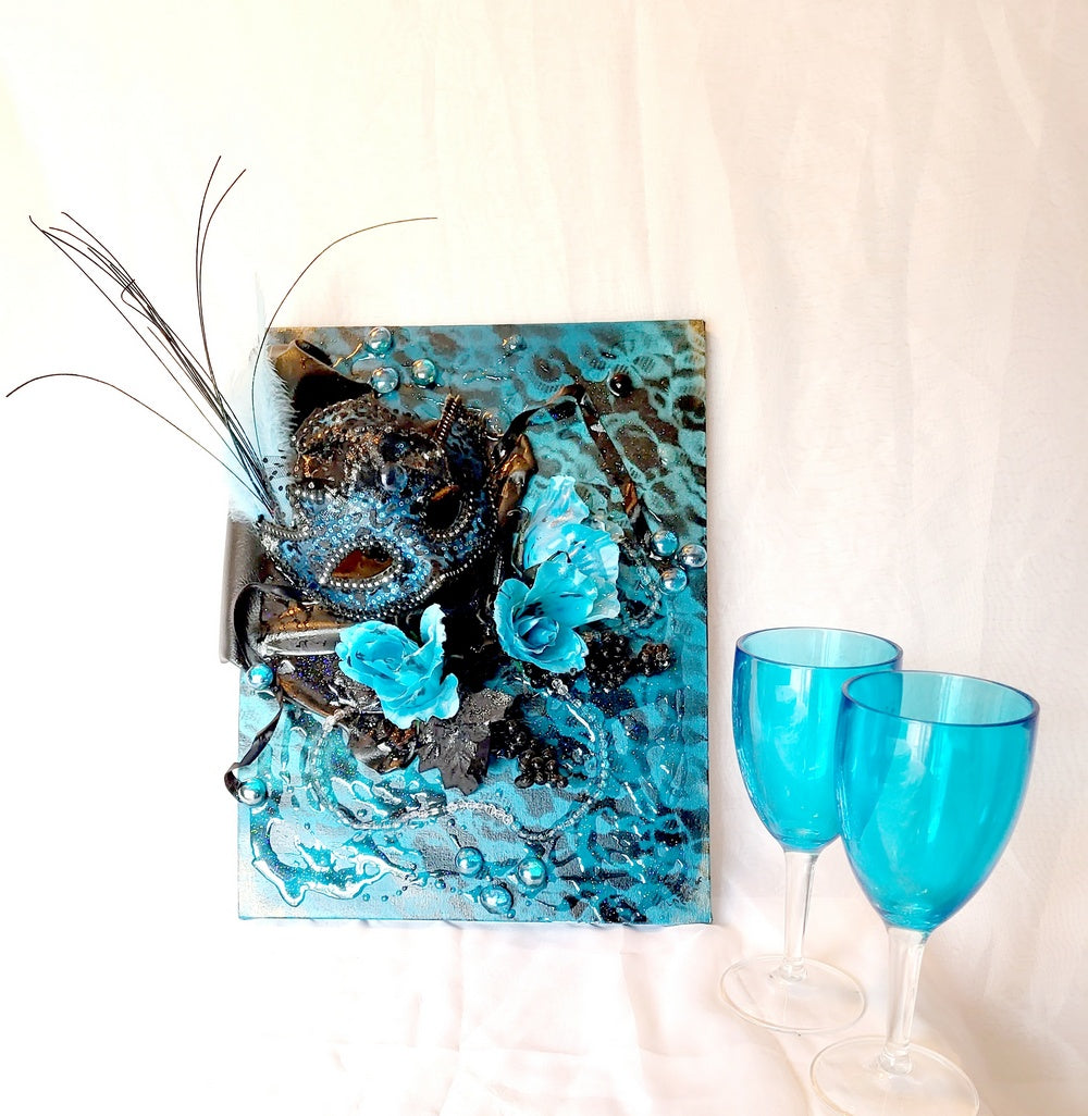 3D Canvas Art with Sexy Teal Blue Mask and Teal Blue Roses, 30 x 40 x 15 cm