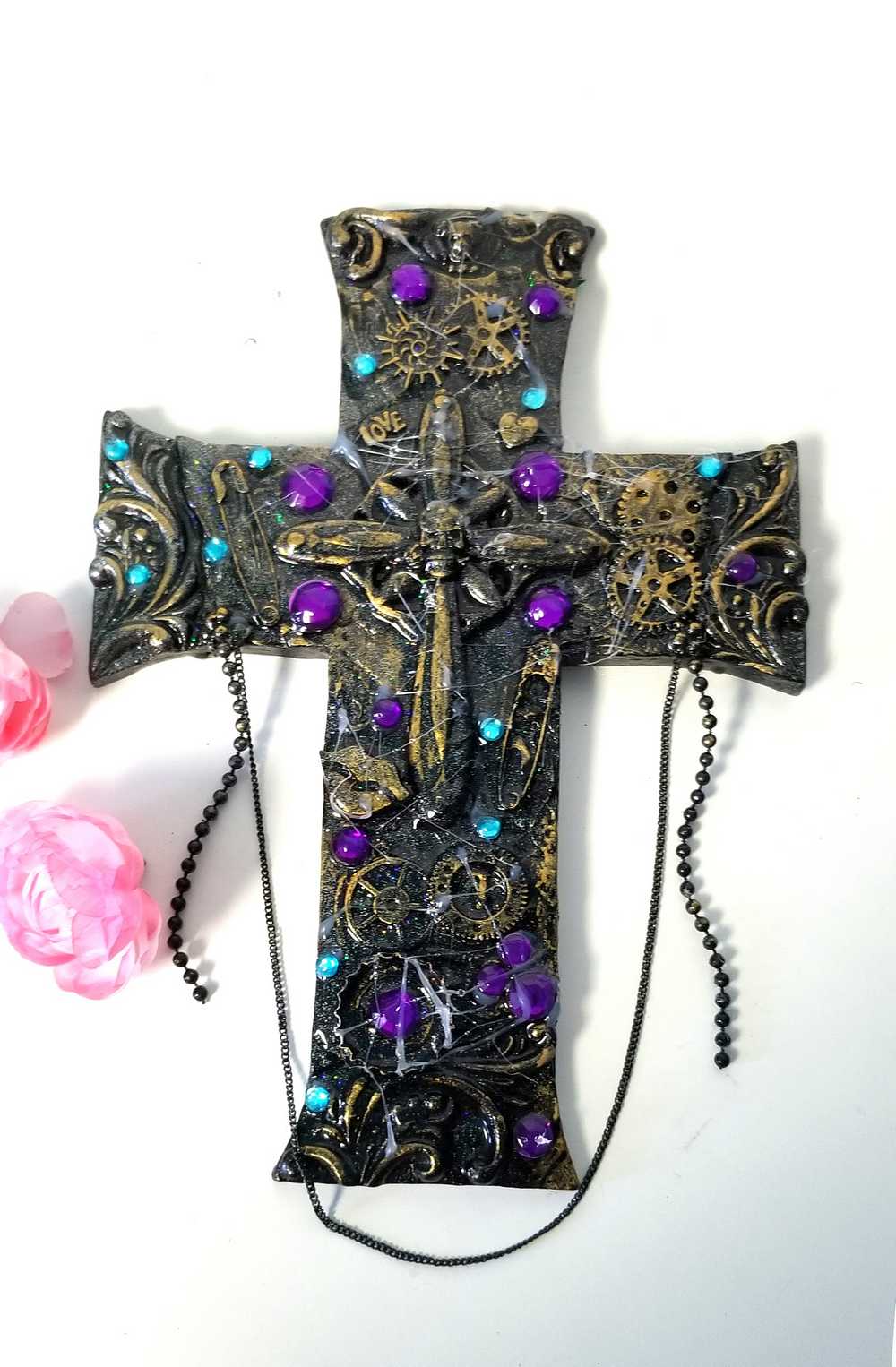 Black Cross With Skulls and Gears in Purple and Teal Rhinestones