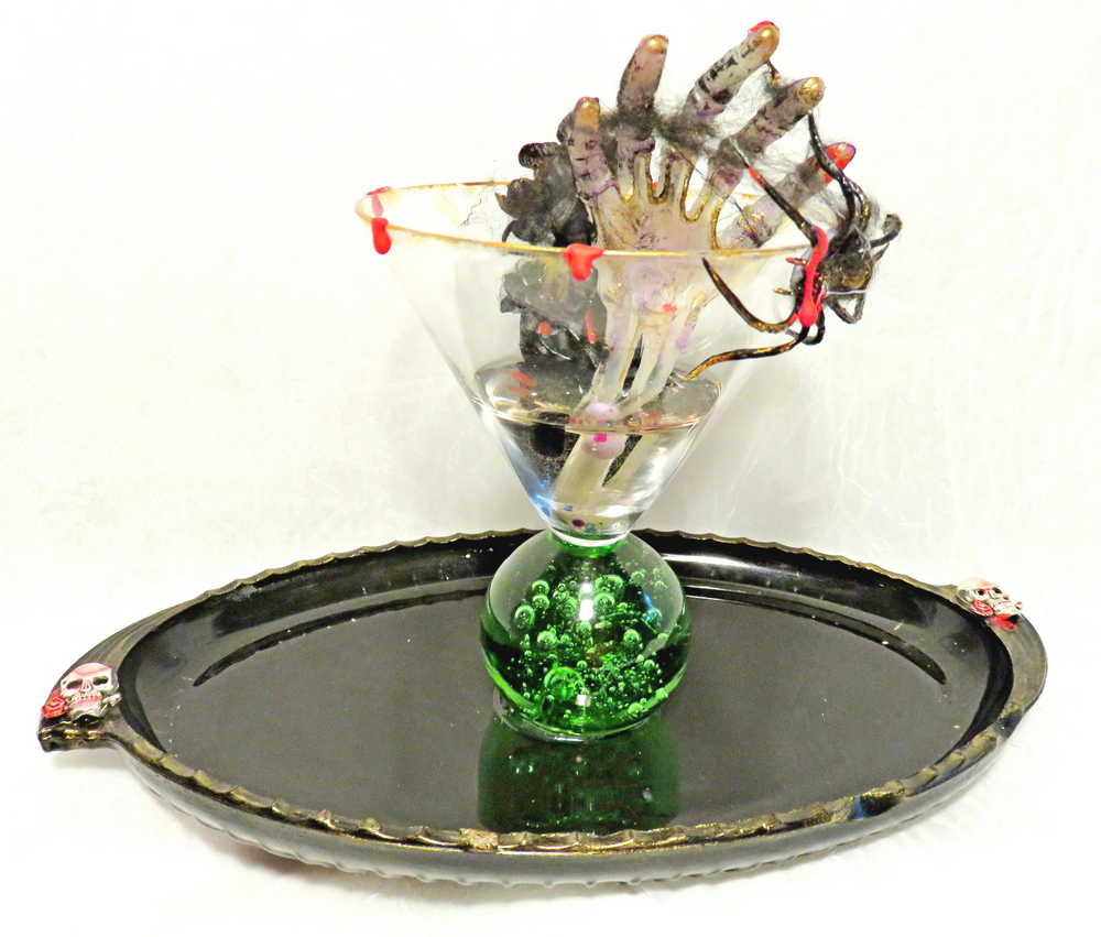 Altered Glass Candy Dish with Skull Hand in Resin