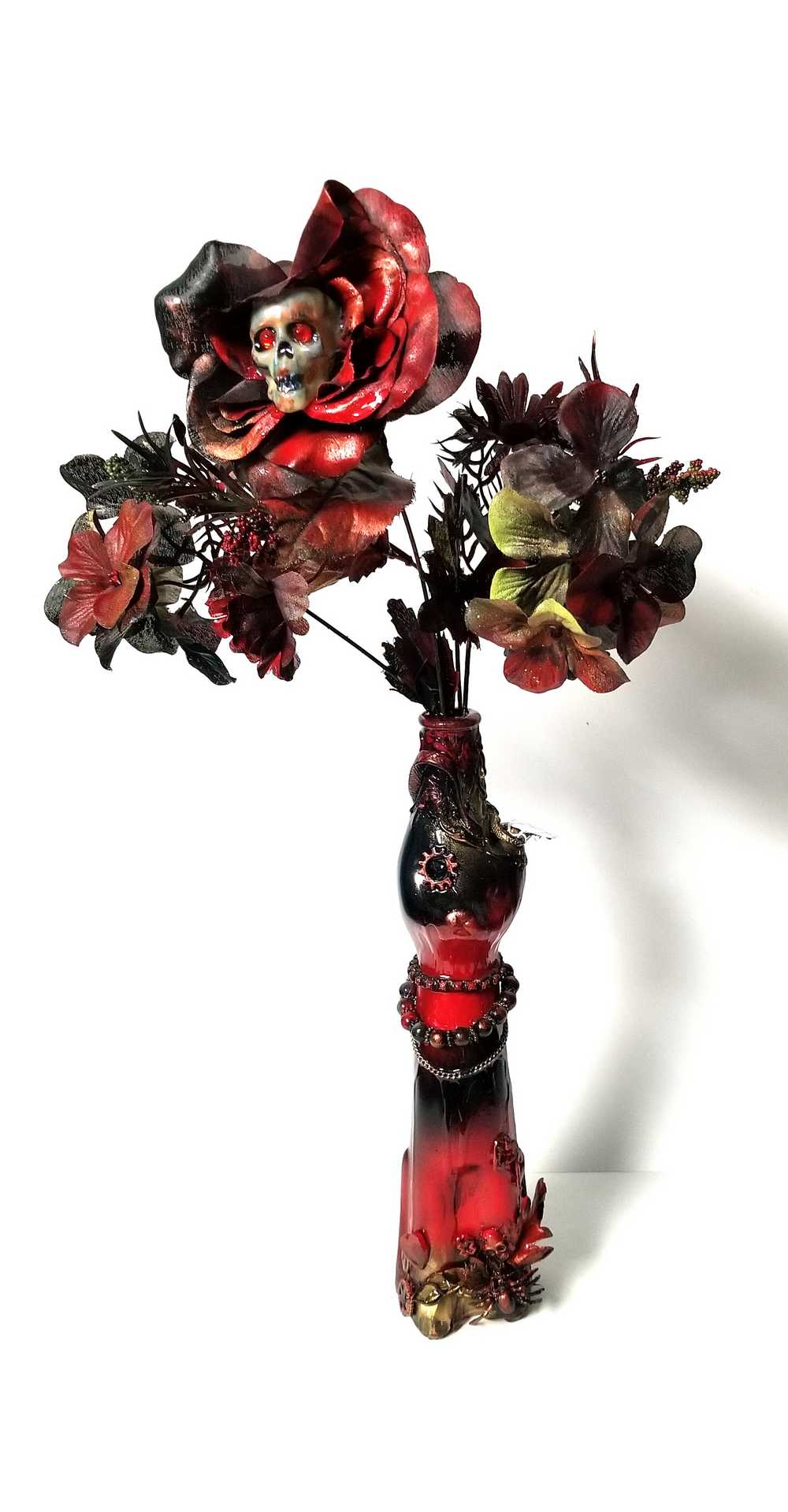 Glass Cat Vase, Red and Black Flowers with Skull and Snake