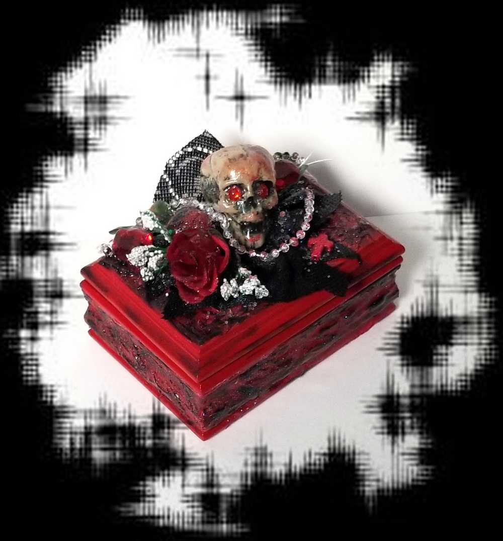 Small Red and Black Jewelry Box with a Skull and a Red Rose