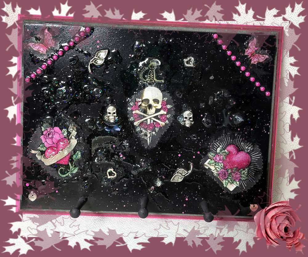 Black Goth Wall Plaque with a Skull with a Sword, Glass and Pink Butterflies