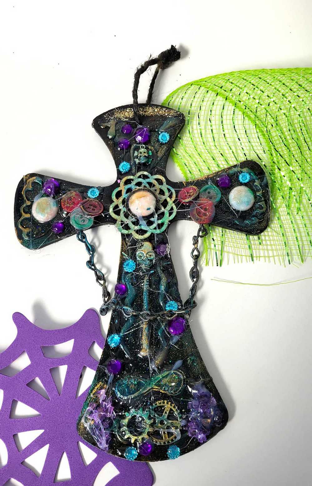 Wooden Cross with Chains, Buttons, Rhinestones, Gears and Skulls