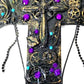 Black Cross With Skulls and Gears in Purple and Teal Rhinestones