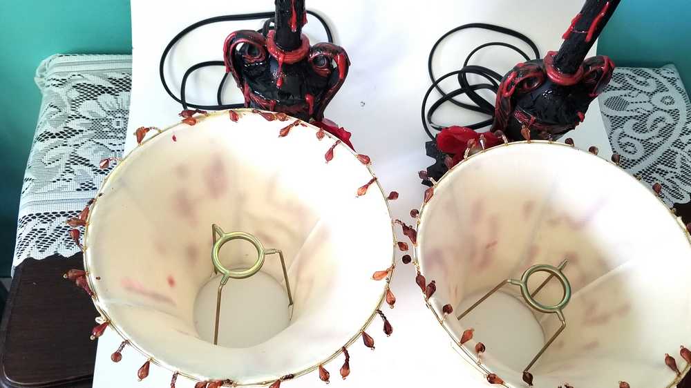 2 Lamps with Fake Blood Splattered on Lamp Shade, Skull Head in a Red Rose