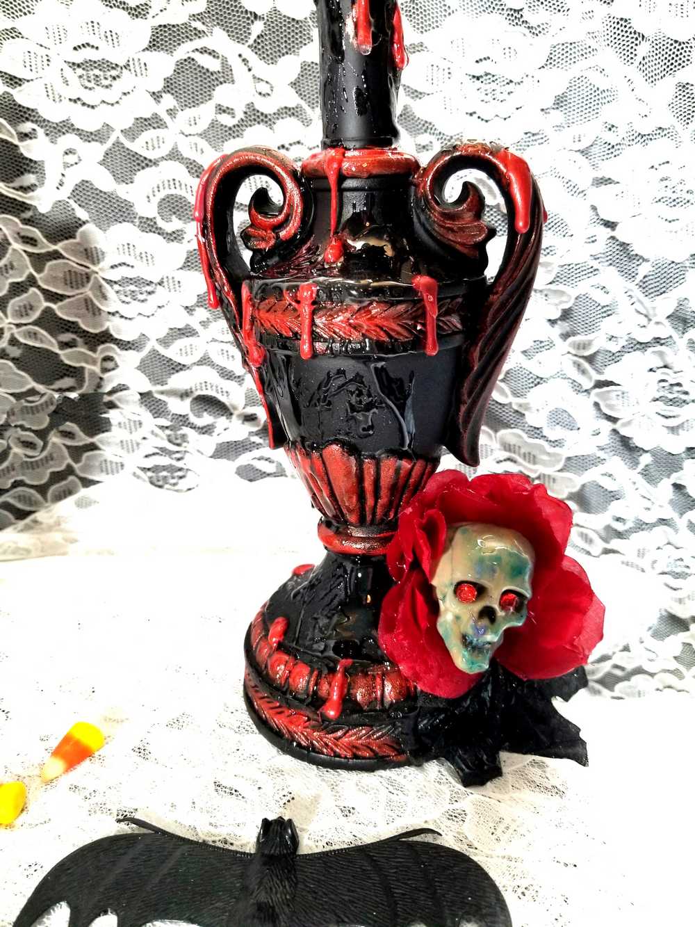 2 Lamps with Fake Blood Splattered on Lamp Shade, Skull Head in a Red Rose