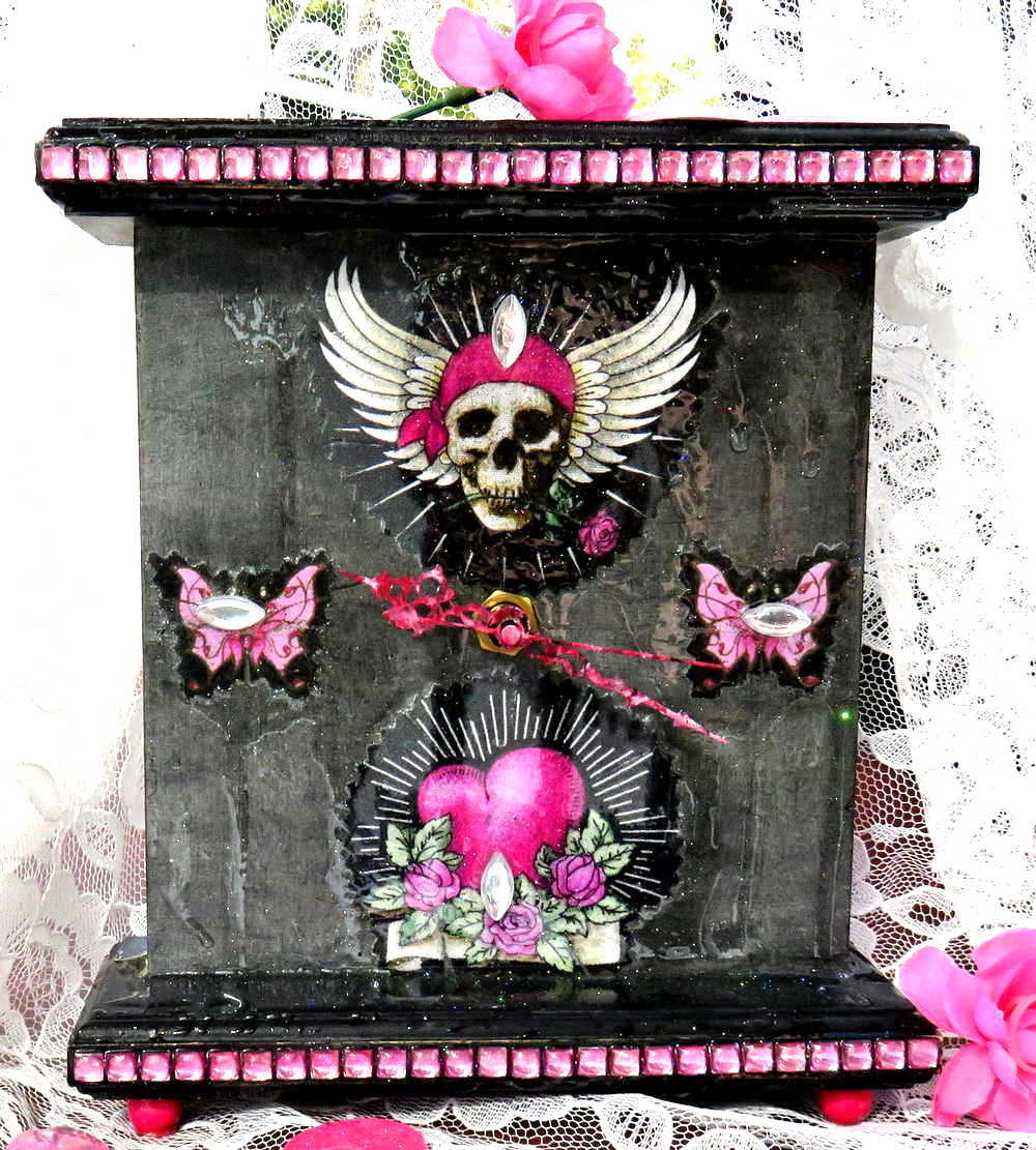 Black and Pink Mantel Clock with Fabric Skull with Wings