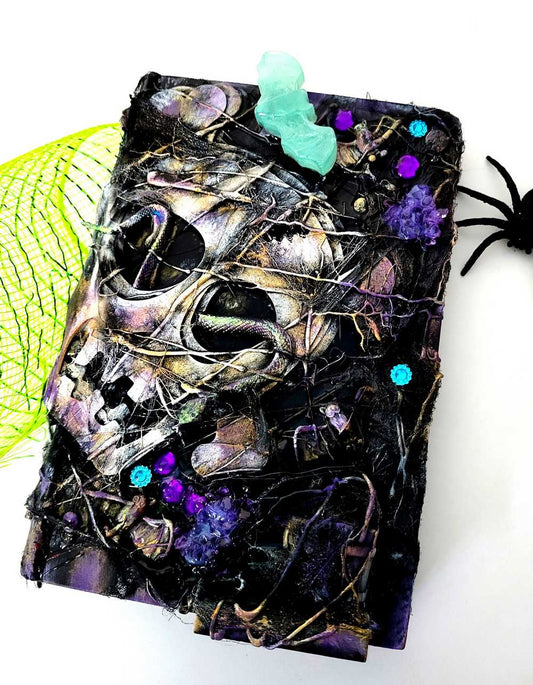 Recycled, Altered Creepy Spell Book with Skull and Snake