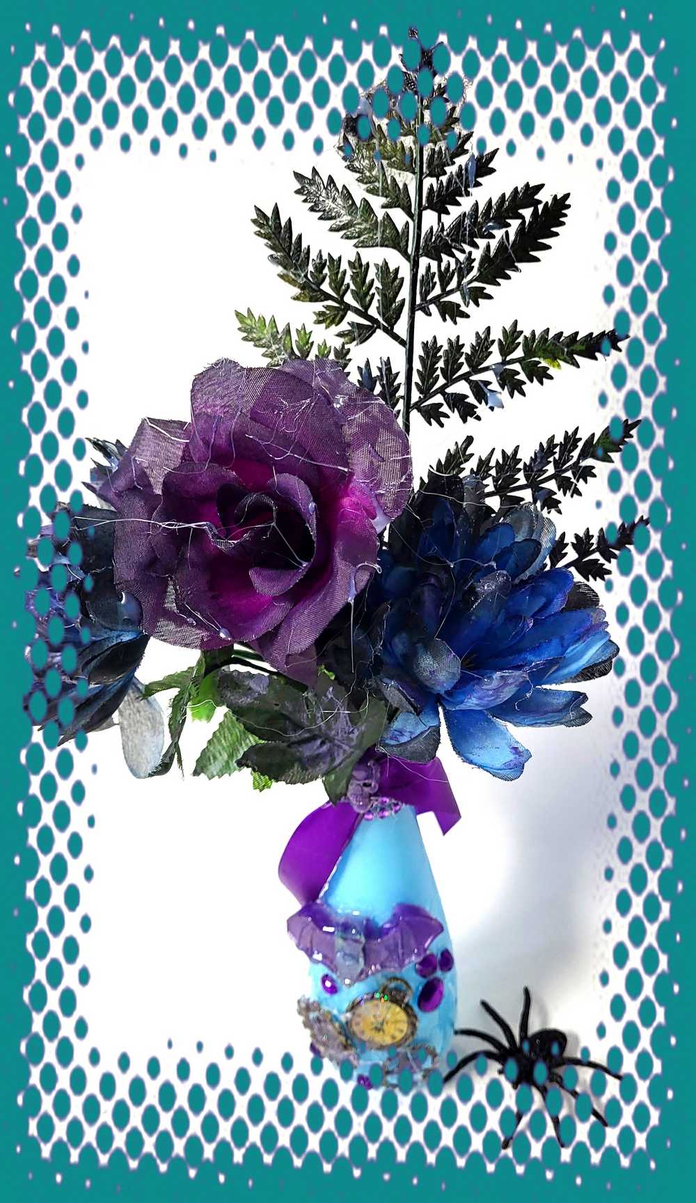 Teal Glass Vase with Skull, Purple Rose and Gears