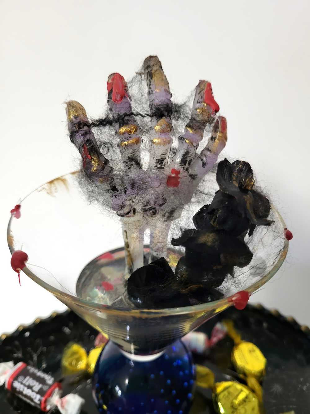 Creepy, Ghostly, Candy Dish, with Skeleton Hand in Resin, Blue Glass