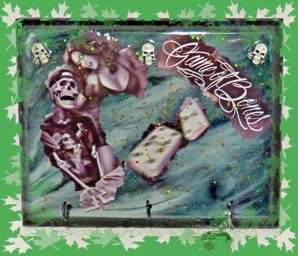 Sexy Girl With Cool Skull, Playing Dominoes on a Wall Plaque, Game of Bones, Goth Punk Decor