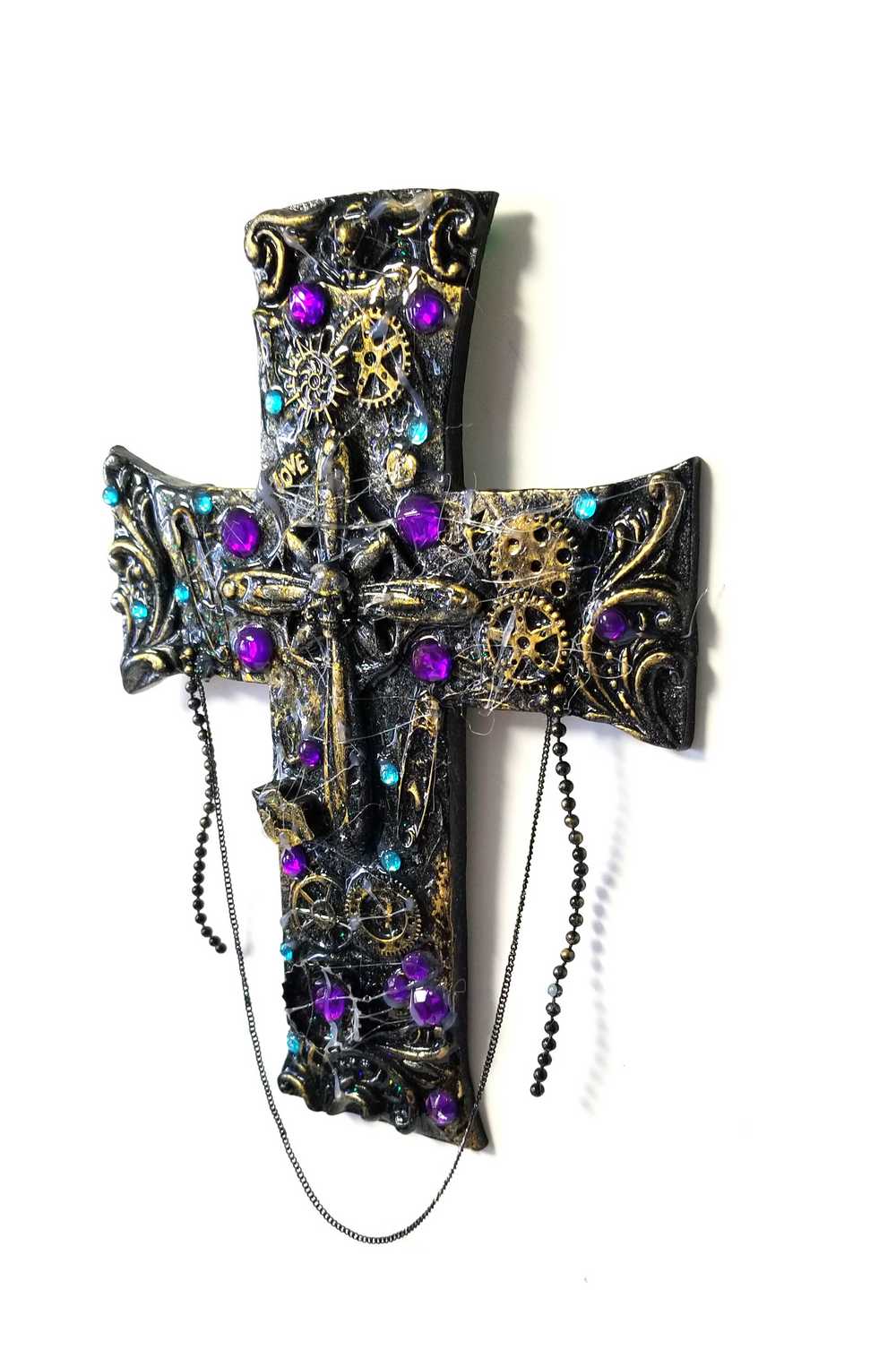 Black Cross With Skulls and Gears in Purple and Teal Rhinestones