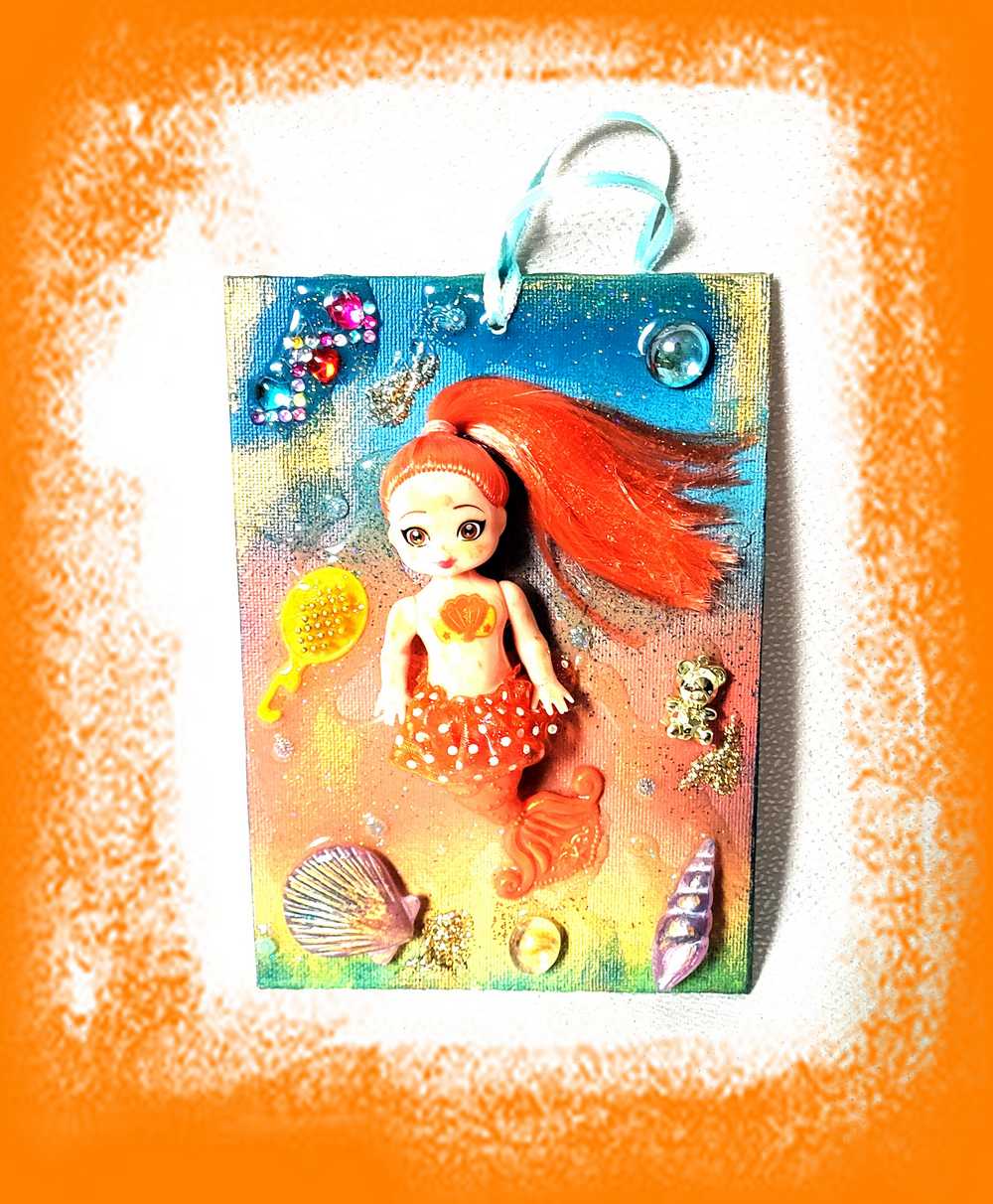 18L x 13W Orange Haired Mermaid Doll on Canvas, Art for The Kid's Room