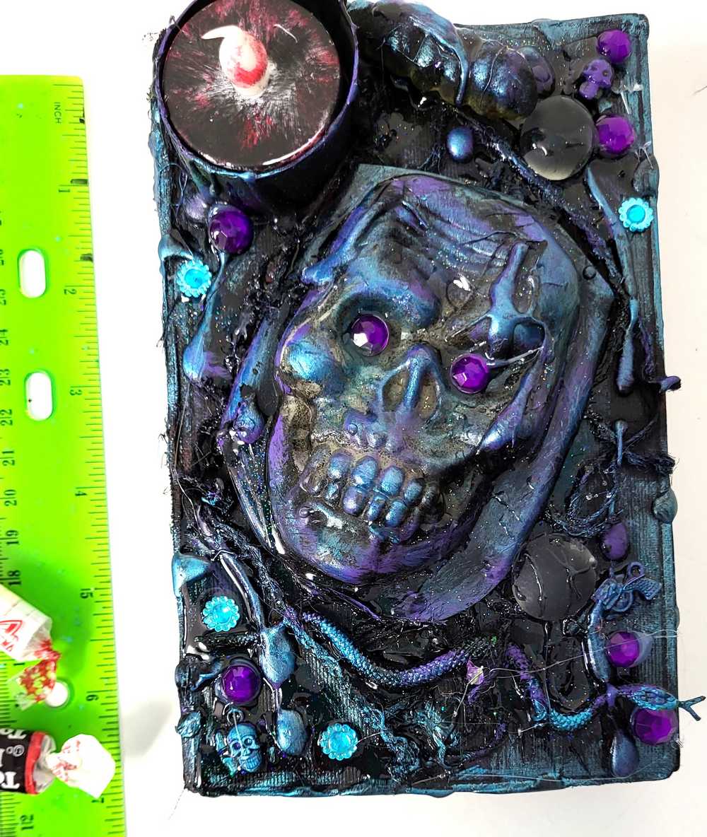 Altered Spell Book with Battery Candle, 3D Skull and Snake