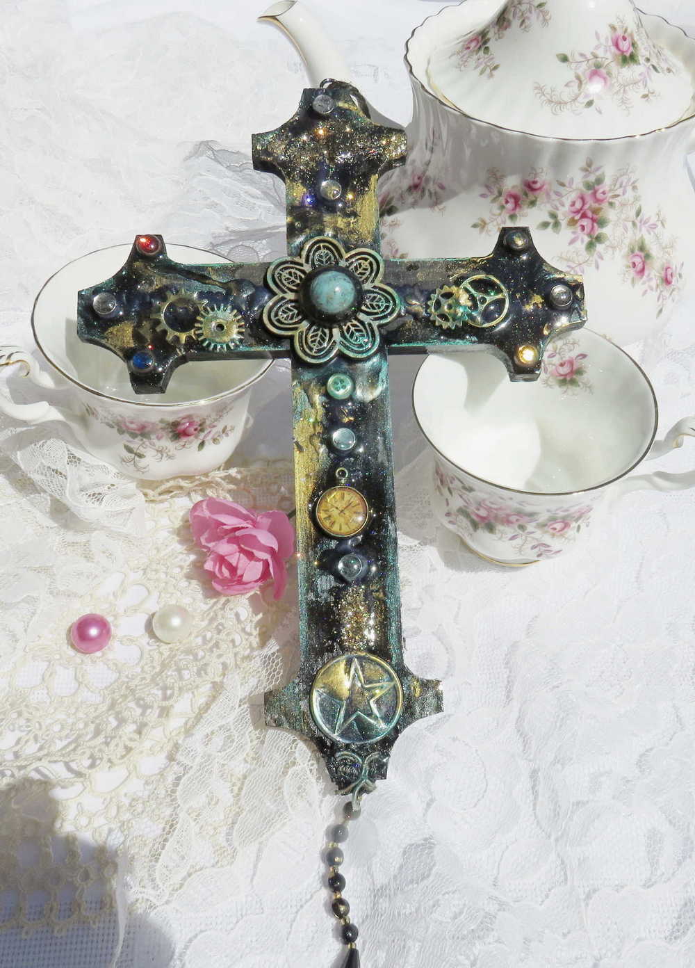 Altered Wood Goth Cross with Blue Stone and Gems