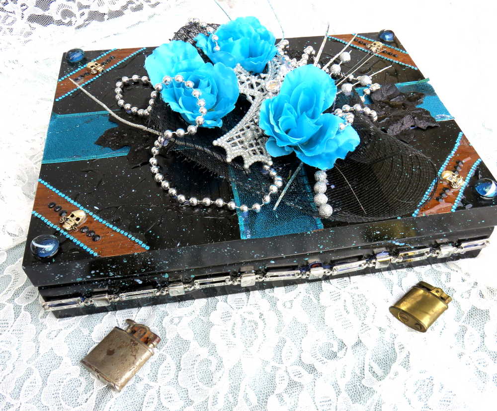 Black and Teal Jewelry Box with  3D Teal Roses, a White Cross and Skull Charms