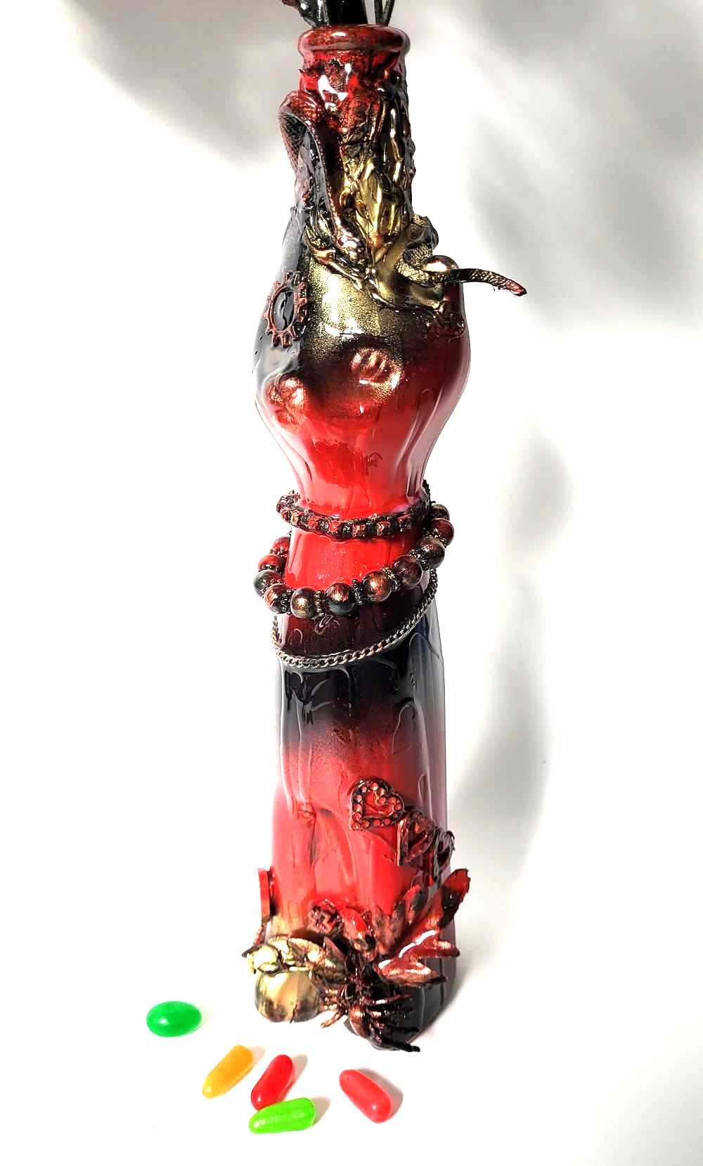 Glass Cat Vase, Red and Black Flowers with Skull and Snake