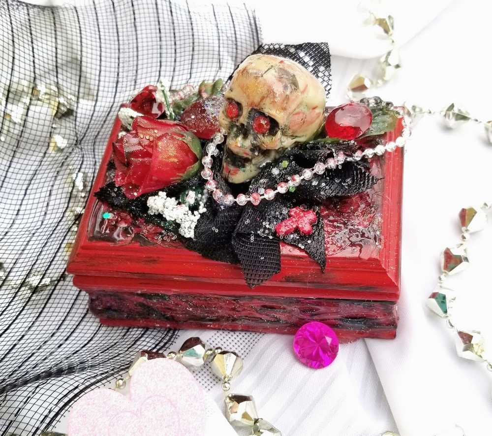 Small Red and Black Jewelry Box with a Skull and a Red Rose