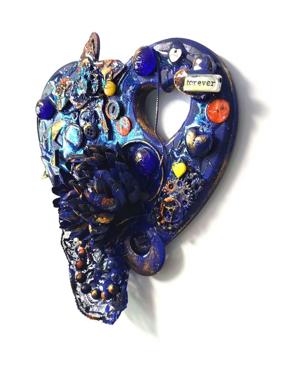 Deep Blue Wooden Heart Wall Plaque with Flowers, Recycled Jewelry, Gears and a Hummingbird