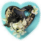 Wooden Heart Wall Plaque, Black and White Flowers, Gold Colored Chains and Paper