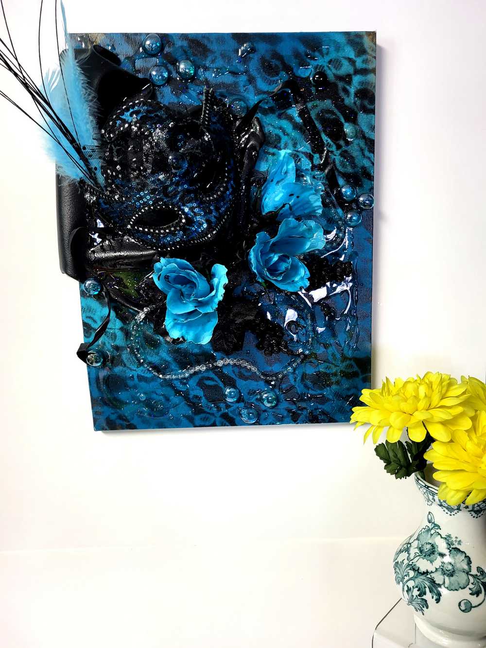 3D Canvas Art with Sexy Teal Blue Mask and Teal Blue Roses, 30 x 40 x 15 cm