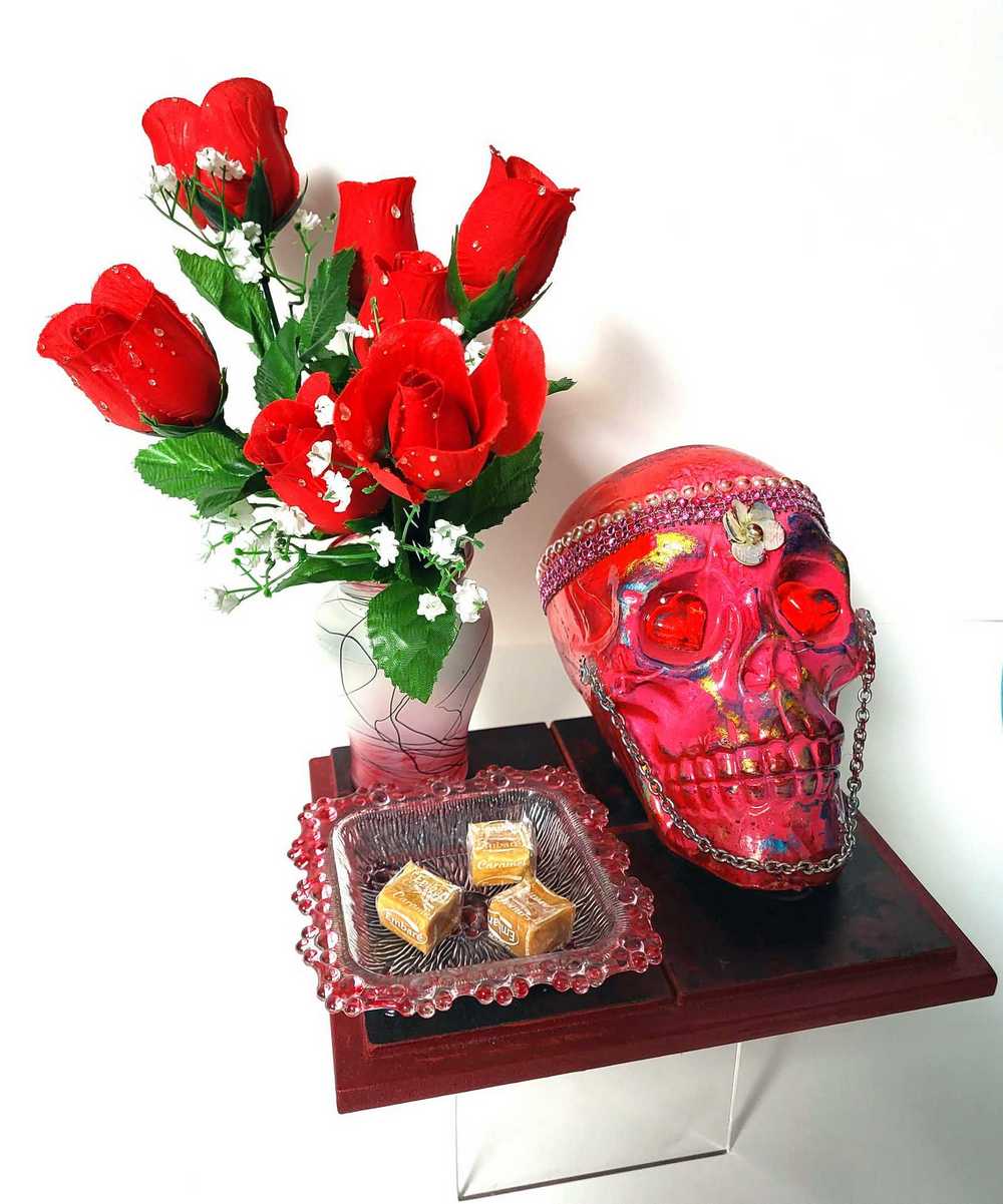Red Skull and Roses in Resin in a Vintage Candy Dish