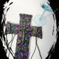 Black Cross With Skulls and Gears in Purple and Teal Rhinestones