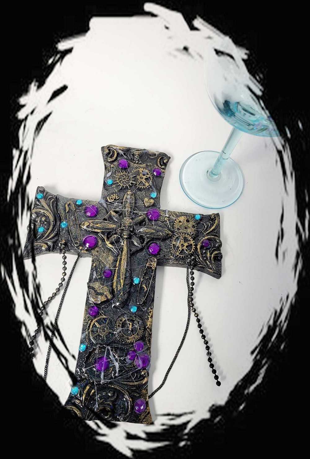 Black Cross With Skulls and Gears in Purple and Teal Rhinestones