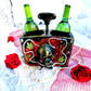 Double Wooden Wine Box, Carrier, Holds 2-750ml Bottles, With Skull and Red Lace