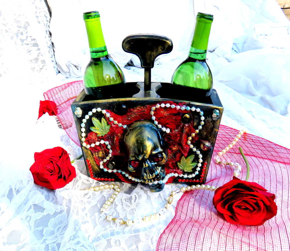 Double Wooden Wine Box, Carrier, Holds 2-750ml Bottles, With Skull and Red Lace