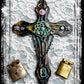 Altered Goth Wooden Cross with Skulls, Chains and Pink Buttons