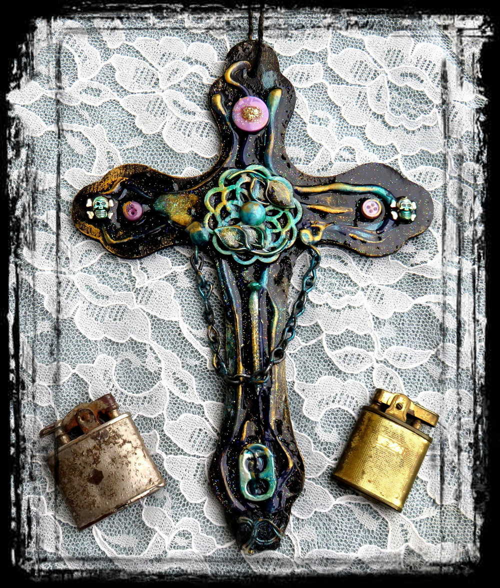 Altered Goth Wooden Cross with Skulls, Chains and Pink Buttons